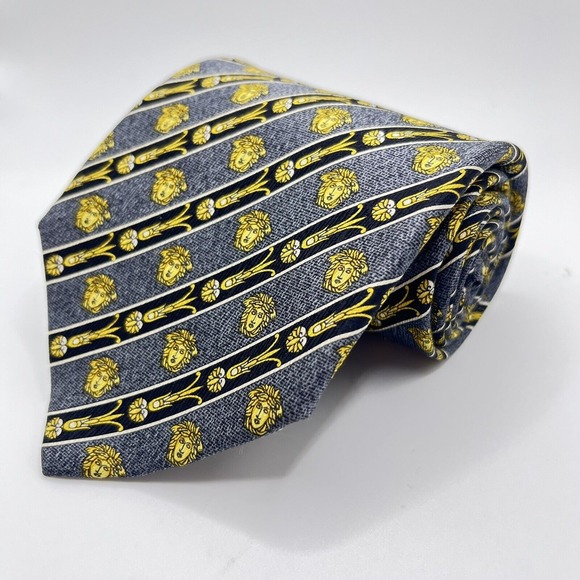 GIANNI VERSACE VINTAGE '90s BAROQUE MEDUSA HEADs Black Gray Stripes ITALY BLACK‎